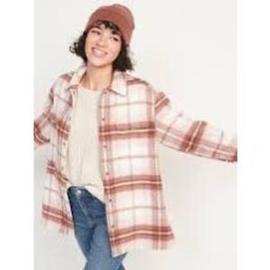 NWOT Old Navy Plaid Flannel Shacket XS Thick Utility Shirt Pink Brown Pockets